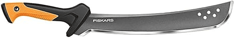 A Fiskars machete with a carbon steel blade and thicker blades for heavy-duty work